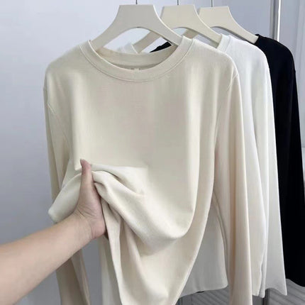 All-Match Good Wearing Solid Color Net-Style Fleece Crewneck Long-Sleeved T-Shirt Women's Double-Scrub Fleece-Lined Thickened Inner Top