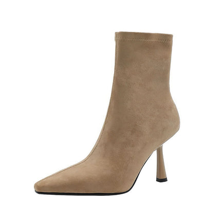 Pointed Toe High-Heeled Short Boots for Women, Korean Style Stiletto Heel, Side Zipper, Elastic Slim Boots, Temperament and Versatile Fashion Boots