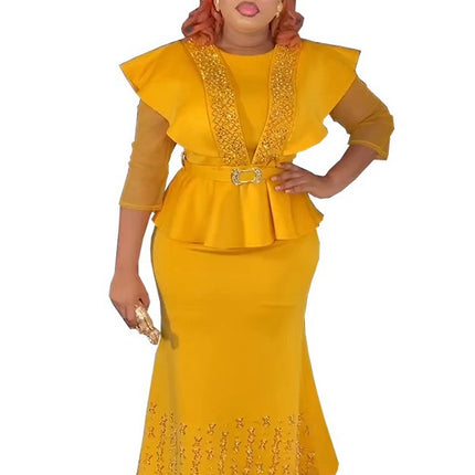 Special supply African-style waist top with long overskirt nail beads drilling solid color European and American plus size dress