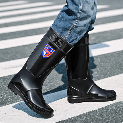 Black High-Tube Men's Rain Boots for Foreign Trade, Waterproof and Non-Slip Kitchen Shoes, Warm Mid-Tube Men's Water Boots, Rain Boots