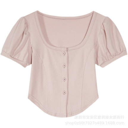 [Guangzhou upper board official map, avoid complaints of stolen map] sweet sister design short square collar short sleeve women's top tide