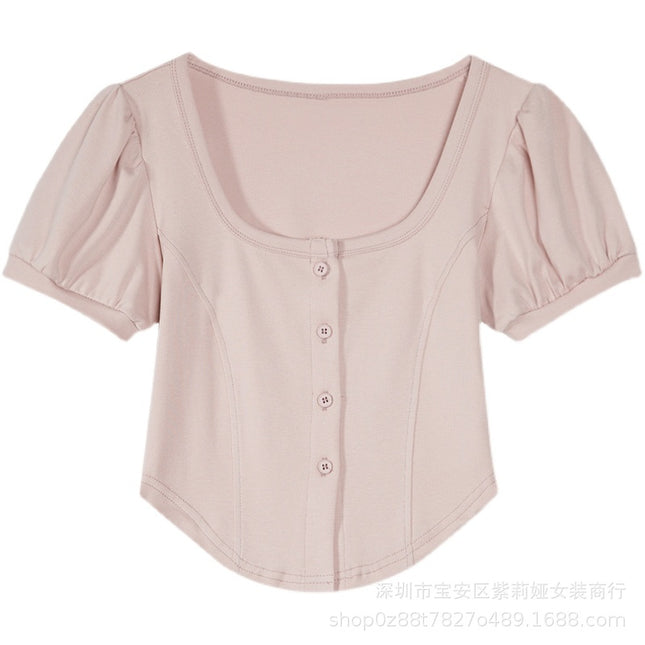 [Guangzhou upper board official map, avoid complaints of stolen map] sweet sister design short square collar short sleeve women's top tide