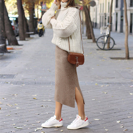 Wool Skirt Women's Autumn and Winter 100kg Knitted Hip Skirt Mid-Length High Waist Large Size Thickeneded Slit One Step Skirt