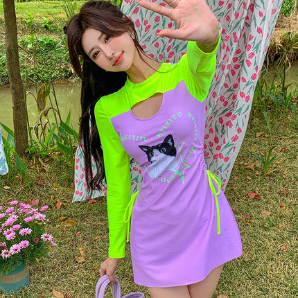 Plus-Size Swimsuit for Women, Fluorescent Cat Design, Large Size for 200-Pound Women, Three-Piece Set with Long Sleeves, Sun-Protective Vacation Swimwear