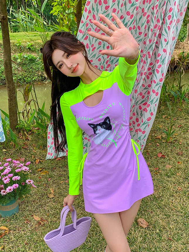 Plus-Size Swimsuit for Women, Fluorescent Cat Design, Large Size for 200-Pound Women, Three-Piece Set with Long Sleeves, Sun-Protective Vacation Swimwear