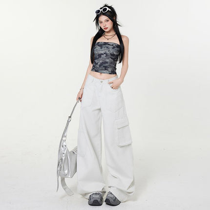 American Retro Gray Cargo Pants for Women 2025 Spring New Design Multi-Pocket Loose Wide-Leg Jeans