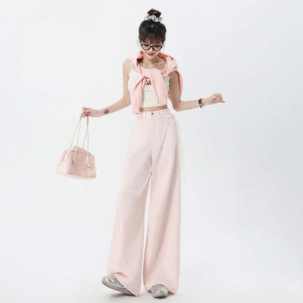 Wholesale Dropshipping Trendy Spring and Summer High-Waisted Loose Straight Wide-Leg Pants with Playful Pink Floor-Length Design