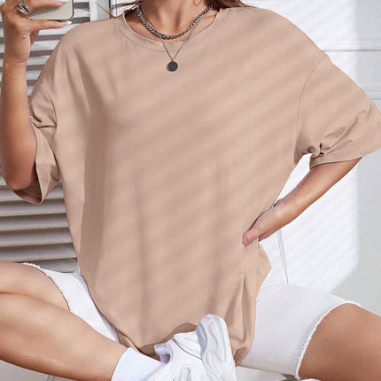 European and American Women's Casual Multi-Color Round Neck Short-Sleeved Light Version Simple Fashion Sports Top Pure Color Loose Light Board T-Shirt