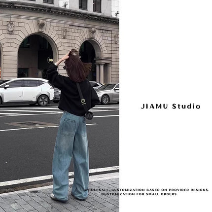 JIAMU American Style Retro Blue Two-Tone Baggy Wide Leg Unisex Jeans Unisex Loose Slimming Profile Banana