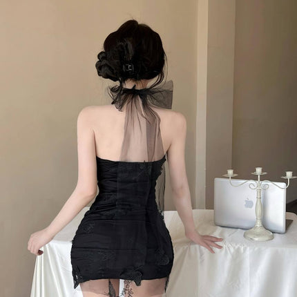 Real Shot of 9176 Sexy Girl's Pure Lust Style Sexy Mesh Hip-Hugging Halterneck Dress Celebrity Foot Bath Club Tight Skirt