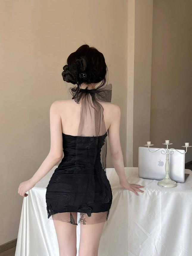 Real Shot of 9176 Sexy Girl's Pure Lust Style Sexy Mesh Hip-Hugging Halterneck Dress Celebrity Foot Bath Club Tight Skirt