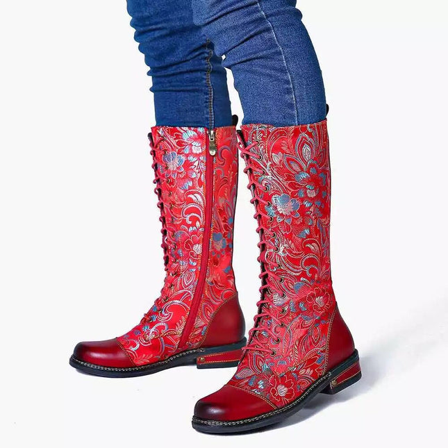 2025 Export New Style Side Zipper Boots Autumn and Winter Retro Flats Embroidered Boots Embroidered Low Heel Knight Boots High Tube Women