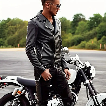Cross-Border Men's Motorcycle Pu Leather Jacket Street Motorcycle Functional Style European and American Leather Jacket Fitted Handsome Zipper Leather Jacket