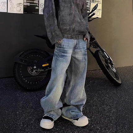 American Retro High Street Lightning Crackle Jeans Men's Vibe Design Niche Straight-Leg Casual Pants