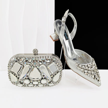 Queenyan Export Mirror Large Diamond Clutch and Women's High-Heeled Shoes Combination Set Elegant and Simple Banquet