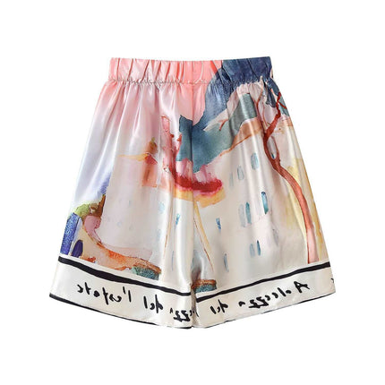 Lapel Long-Sleeved Elastic Waist Cross-Border Summer Women's New Spring Printed Shirt Buttons High-Waisted Shorts Positioning