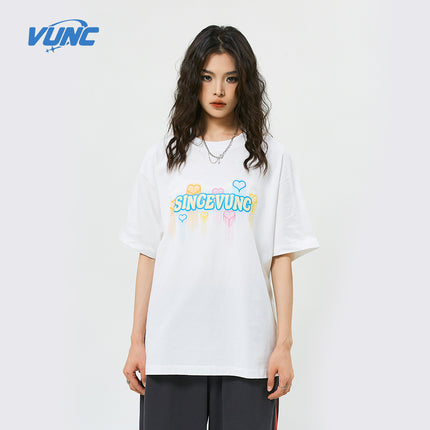 Vunc270G Star Spray-Painted Graffiti Print T-Shirt for Men and Women, National Trendy Brand Foam Couple Short-Sleeve Tee, Casual and Versatile