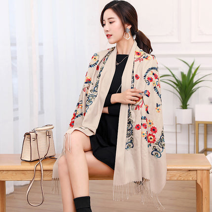 Ethnic Style Border Cashew Embroider Flower 300g Scarf Imitation Cashmere Gift Shawl Travel Cloak Warm Shawl