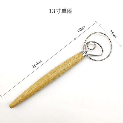 Stainless Steel Oak Handle Coil Dough Beater Double Ring Manual Egg Beater Single Ring Flour Stirrer