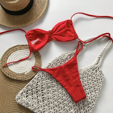 2025 Cross-Border European and American Swimsuit Split Pure Color Glossy Double Fabric Sexy Bikini Bikini Export