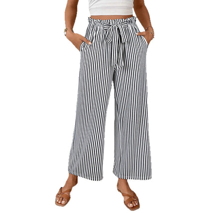 Trendy Striped Casual Pants for Women Versatile Brushed Wide-Leg Pants Casual Pocket Drawstring Long Pants European and American Cross-Border Women's Clothing