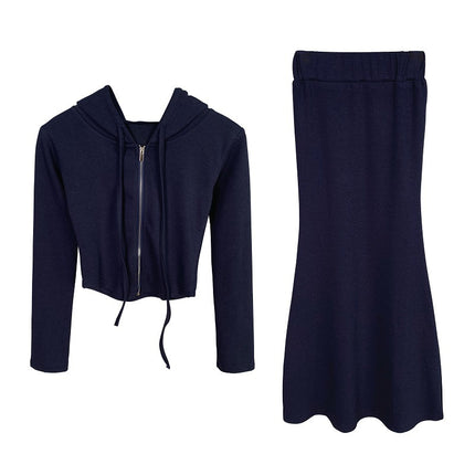 South Korea Dongdaemun Slim-fit Sexy Spice Girl Figure Short Hooded Jacket Sheath Fishtail Dress suit Women