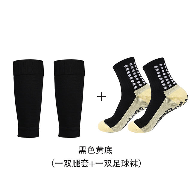 Cross-Border Foreign Trade Training Sweat-Absorbent and Breathable Set: Non-Slip Towel Bottom Adhesive Football Socks + Football Shin Guards