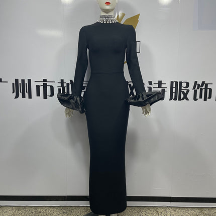 European and American New Bandage Women's Crewneck Long Sleeve Nail Drill Cuff Saded Bubble Sleeve Waist Bandage dress