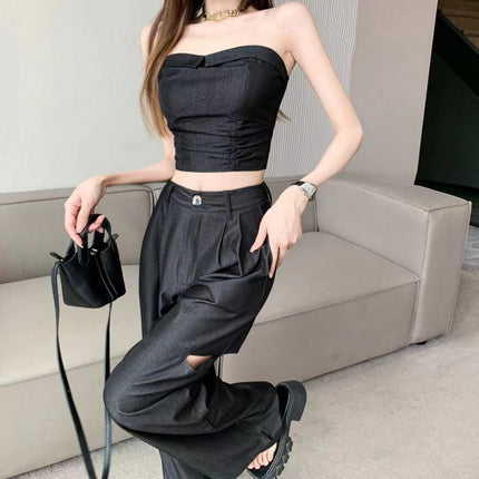 Hong Kong style thin Denim suit women's summer new fashion tube top + high waist wide leg ripped mop pants