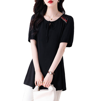 Plus-Size Women's Fashionable Embroidered Chiffon T-Shirt for Chubby Moms, Stylish and Concealing Belly Fat, Eye-Catching Top