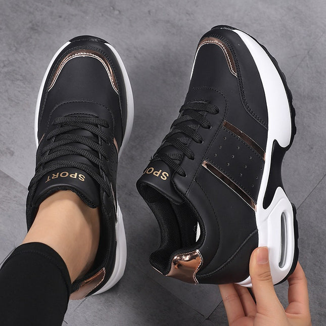 Women's Height-Increasing Sneakers 2025 Autumn and Winter New Leather Thick-Soled Small Black Shoes Large Size Color Matching Bright Strips Export Shoes