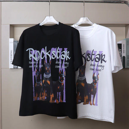 Trendy Brand American Rock Digital Printed Alphabet Doberman Dog Three Dog Short-sleeved T-shirt Fat Man Plus Fat Plus Duffy Handsome