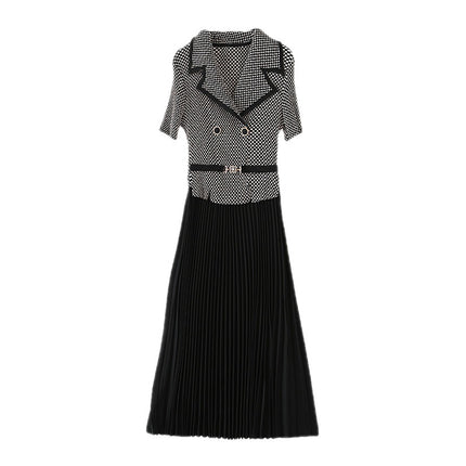 Miyake Pleated Dress 2026 Summer New Fashion Small Plaid Suit Collar Pleated Skirt Waist-Cinching Slimming Magic Dress