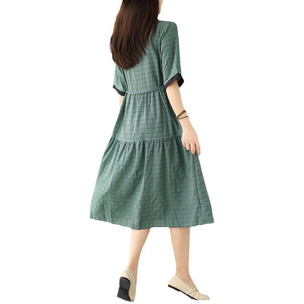 Real shot 2024 Summer new celebrity light luxury plaid mid-length waist slimming doll collar plaid dress women