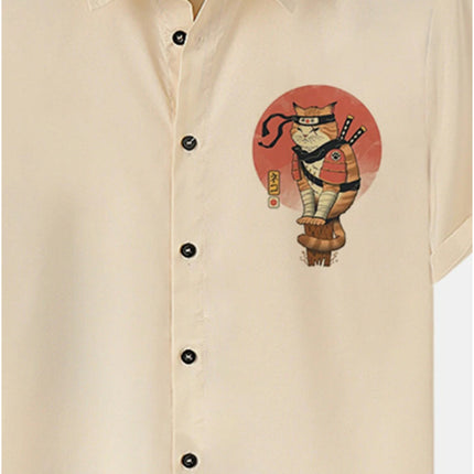 men's cross-border japanese samurai cat pattern lapel short sleeve shirt