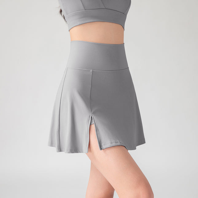 High-Waisted Faux Two-Piece Anti-Exposure Badminton Skirt for Women with Slits, Coffee-Colored Sports Fitness Tennis Short