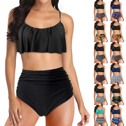 2022 European and American Foreign Trade Swimsuit Split High Waist bikini Striped Printed off-shoulder Ruffled Tube Top bikini
