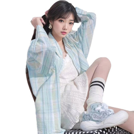 Fresh Mint Green Shirt Women's Summer Mid-length Loose Sun-protective Shirt Long-sleeved Lazy Style Plaid Shirt Thin Jacket