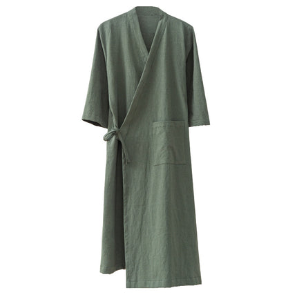 Spring and Summer Linen Cotton and Linen Chinese-Style Side-Breasted Bathrobe Bathrobe Home Wear Set Mid-Length Nightgown Bathing Spa Hotel