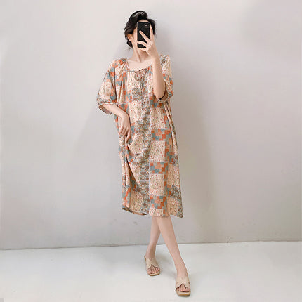 2026 New Cotton Silk Nightgown for Women, High-End Printed Short-Sleeved Long Dress, Large Size, Thin Style, Can Be Worn Outside as Loungewear