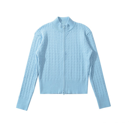 Foreign Trade 2026 Spring European and American Fashion Slim-Fit American Retro Stand-Up Collar Double Zipper Cable Knit Sweater for Women U23168