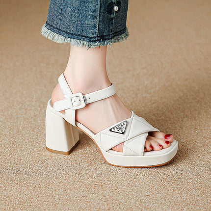 Casual Fashion Sandals Thick Sole 2025 Summer Square Toe Cross Strap Buckle Thick High Heel Cowhide Metal Women's Shoes
