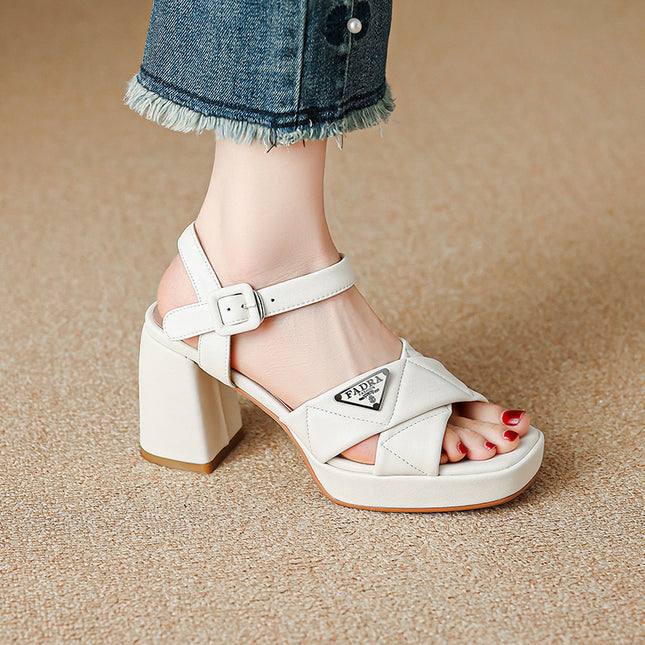 Casual Fashion Sandals Thick Sole 2025 Summer Square Toe Cross Strap Buckle Thick High Heel Cowhide Metal Women's Shoes