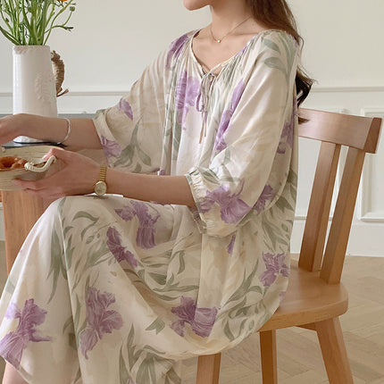 Mishiti Cotton Silk New Chinese Style Short-Sleeved Nightgown for Women, Summer Thin Style, National Style Cotton Silk Home Wear, Can Be Worn Outside
