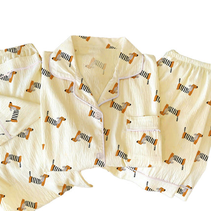 Source Factory Ins Style Dachshund Dog Wrinkle Cloth Three-Piece Short-Sleeved Soft Pajamas Women's Home Clothes Set
