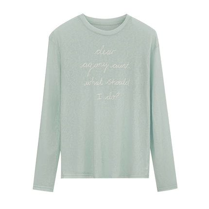 Summer Ootd Lyocell Tencel Fashion Letter Print Mint Green Long-Sleeved T-Shirt for Women 2025 New Style Right Shoulder