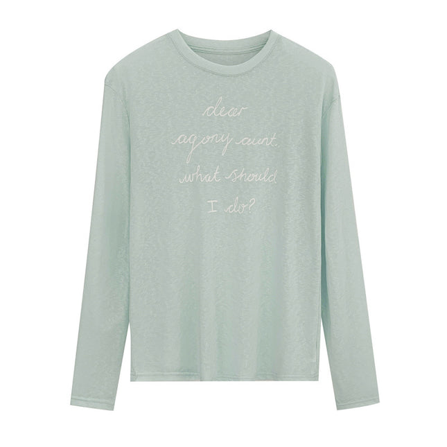 Summer Ootd Lyocell Tencel Fashion Letter Print Mint Green Long-Sleeved T-Shirt for Women 2025 New Style Right Shoulder