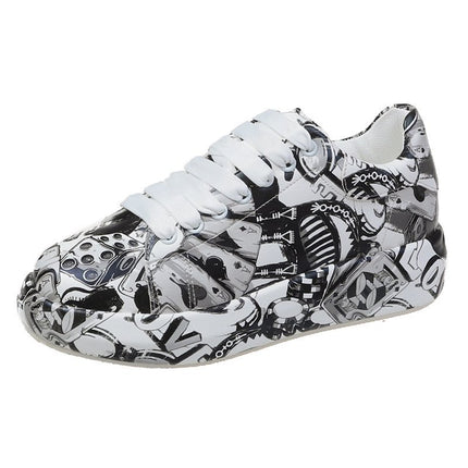 European and American New Hand-painted Graffiti Sneakers Women's McQueen White Shoes Leather Top Thick-soled Elevated Board Shoes Women's Casual Shoes Trendy