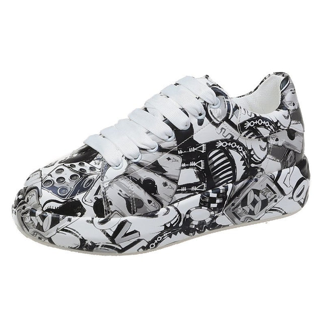European and American New Hand-painted Graffiti Sneakers Women's McQueen White Shoes Leather Top Thick-soled Elevated Board Shoes Women's Casual Shoes Trendy