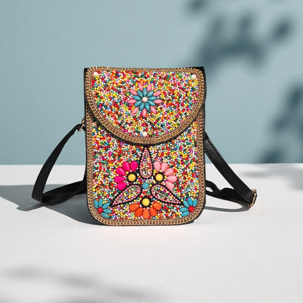 Red Lotus Women's Mobile Phone Bag Xinjiang Inner Mongolia Yunnan Travel Souvenir Retro Heavy Industry Rice Bead Shoulder Bag